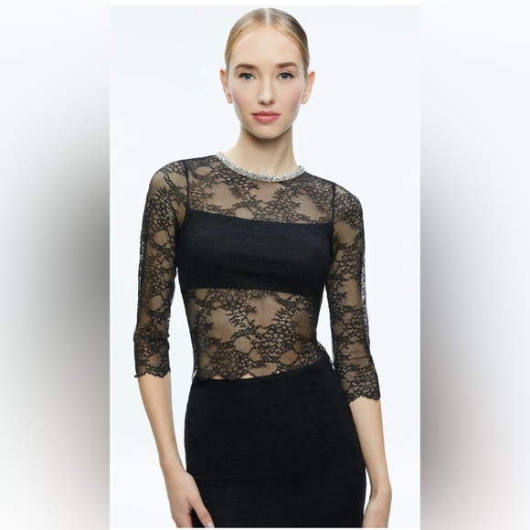 Alice + Olivia Tops - Alice & Olivia BNWT VANITA EMBELLISHED Neck Black Lace Crop Top, XL, $465!